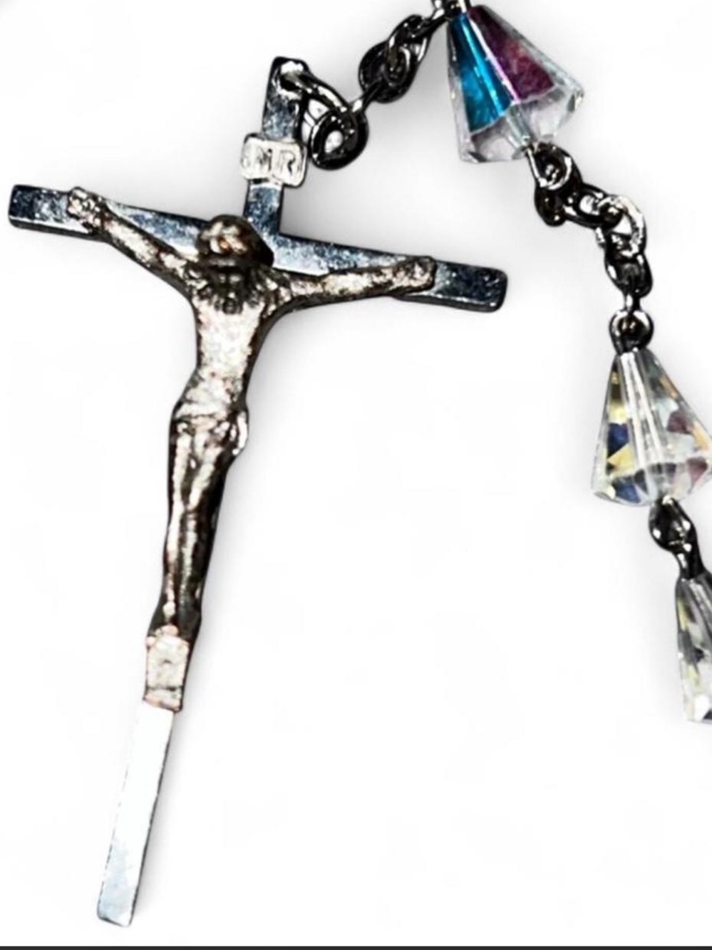Vintage AB Iridescent Cut Crystal Bicone Silver Rosary Rosaries Necklace 30” - Picture 4 of 13